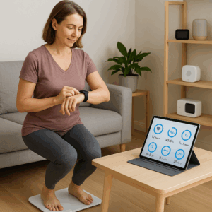 Smart health gadgets in a modern home setup – smartwatch, smart scale, sleep tracker, and health dashboard.